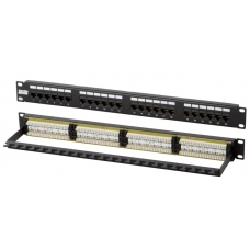 Патч-панель 19", 1U, 24 порта, Кат.6 (Класс E), 250МГц, RJ45/8P8C, 110/KRONE, T568A/B, неэкранированная, с органайзером, черная (NIKOMAX)